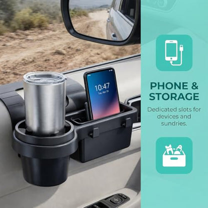 Car Window Organizer, Vehicle Side Door Storage Rack with 2.79 Inch Water Cup Phone Holder & Charging Port, Multifunctional Automotive Interior Organizer Accessories, Universal Fit