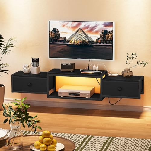 Snughome Floating TV Stand Wall Mounted with Power Outlet 55", Floating Entertainment Center with LED Lights, Floating TV Shelf with Drawer, Wall Mounted Media Console Shelf for Living Room, Bedroom - color: Black, size: 55.12" x 11.02" x 6.5"