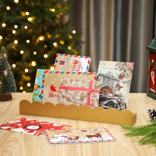 Cinnvoice 2 Pcs 12 Inch Scalloped Edge Christmas Card Display Wooden Christmas Card Holder Postcard Display Stand Organizer for Decoration Holiday Side Table Console Table Mantel Shelf Desk(Gold)