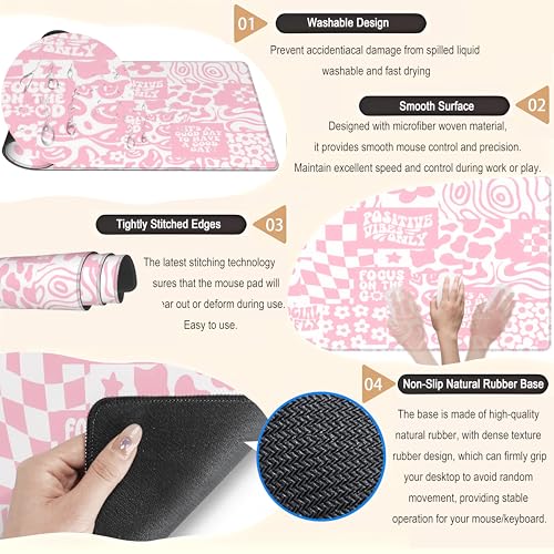 Pink Boho Desk Pad XL Large Gaming Mouse Pad Retro Hippie Boho Desk Mat with Stitched Edges, Non-Slip Rubber Base Mousepad Computer Laptop Keyboard Mouse Mat Desktop Protector Pad 31.5x11.8 in - color: Pink Hippie Boho, size: 31.5" x 11.8"