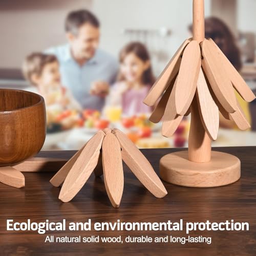Wooden Cup Coaster Set，Tree Shape Trivet Set,Tree Coasters- 4 Wooden Trivets + 1 Stand stored for hot Dish/Pot/Bowl/teapot/hot Pot Set - color: White