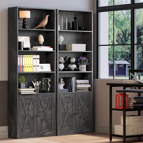 IRONCK Industrial Bookshelves and Bookcases with Doors Floor Standing 6 Shelf Display Storage Shelves 70 in Tall Bookcase for Home Office, Living Room - color: Charcoal Grey