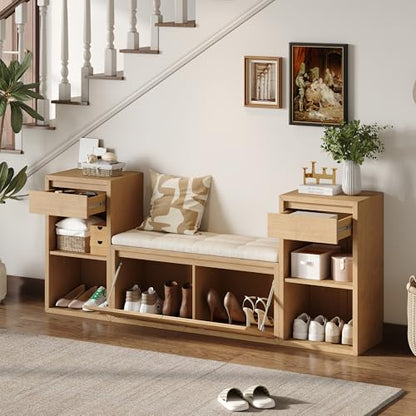 JIJIWANG 77.48" W Entryway Storage Bench with Cushion, 4-in-1 Hallway Bench with Drawers, Compartments and Open Shelves, Mudroom Bench for Shoes and Storage, Brown - color: Brown