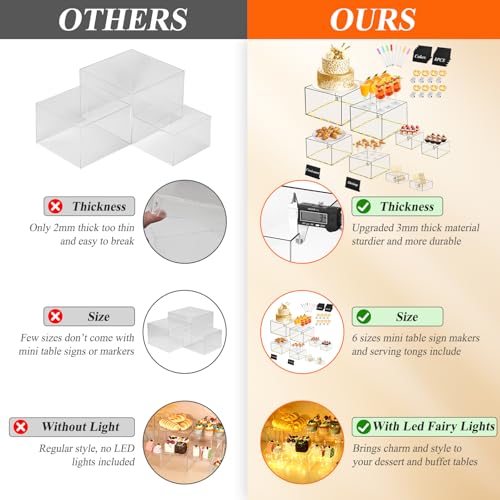 8 Pcs Clear Acrylic Buffet Risers with LED Fairy Lights, Acrylic Food Risers with Mini Sign and Maker, Clear Buffet Risers and Stands for Party Catering Dessert Collectibles(9" 8" 7" 6" 5" 5" 4" 4" ) - color: Clear 9" 8" 7" 6" 5" 5" 4" 4"