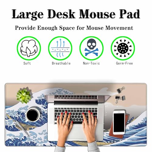 Hokusai's Great Wave Large Gaming Mouse Pad Japanese Woodblock Mount Fuji and Wave Art Long Mousepad Keyboard Mat for Desk,Office,Home 35.4"X15.7" - color: Hokusai's Great Wave