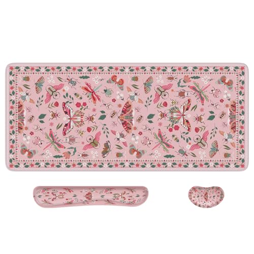 iCasso Large Mouse pad for Desk, Computer Desk Mat, 3Pcs XXL Keyboard and Mouse Pad + Keyboard Wrist Rest, Desk Matt for Desktop, Easy Typing Pain Relief Ultra Thick Mousepad Keyboard Mat(Pink) - color: Pink Butterfly