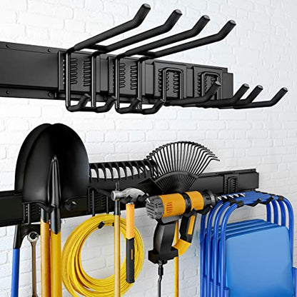 UUP 32 Inches Garage Storage, Garage Organization, Wall Mount Garden Tool Organizer, Max 300lbs Adjustable Metal Hooks, Yard Shed Hanging Rack, Heavy Duty Shelving for Rake Broom Mop Snowboard - size: 32" Alloy Steel with 2 Panels & 4 Hooks
