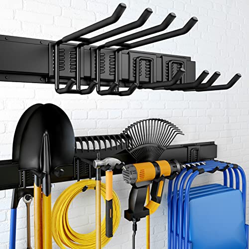 UUP 32 Inches Garage Storage, Garage Organization, Wall Mount Garden Tool Organizer, Max 300lbs Adjustable Metal Hooks, Yard Shed Hanging Rack, Heavy Duty Shelving for Rake Broom Mop Snowboard - size: 32" Alloy Steel with 2 Panels & 4 Hooks