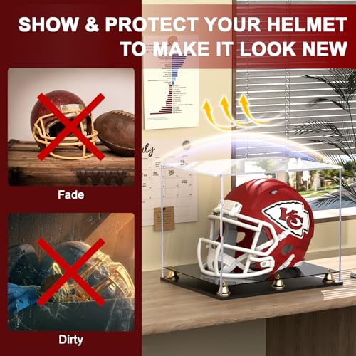 Football Helmet Display Case Full Size, Clear Acrylic Helmet Display Box Dustproof Helmet Case Display Case with Metal Bell Base for Sports Memorabilia (15 x 11.8 x 12.6 in) - size: 15 x 11.8 x 12.6 inch