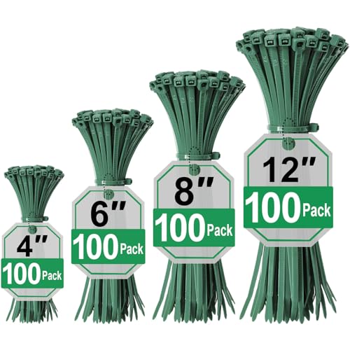 Green Zip Ties Assorted Sizes (4"+6"+8"+12"), 400 Pack, Cable Ties UV Resistant for Garden, Plants, Fence, Holiday Lights, Yakobela - size: 4"+6"+8"+12" (400 pack)