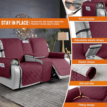 VANSOFY Loveseat Recliner Cover with Console 100% Waterproof Sofa Slipcovers Non-Slip Reclining Couch Cover Split Sofa Covers Furniture Protector for Pets, Dogs(Burgundy) - color: Burgundy