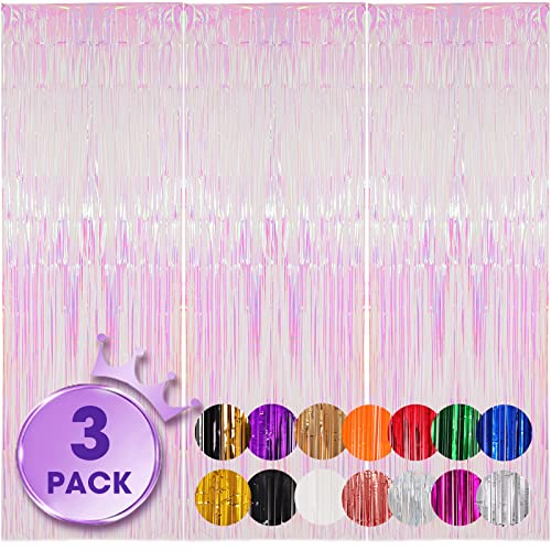 Voircoloria 3 Pack 3.3x8.2 Feet Iridescent Transparent Foil Fringe Backdrop Curtains, Tinsel Streamers Birthday Party Decorations, Fringe Backdrop for Graduation Baby Shower Gender Reveal Disco Party - color: 11 Iridescent