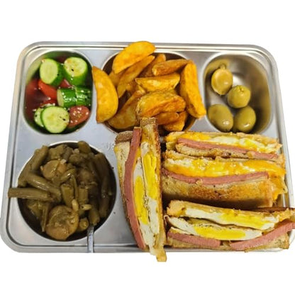 Set of 2 Stainless Steel Rectangular Divided Plates Tray 5 Sections Dinner Plates for Adults - Unbreakable Metal Plate for Campers, and Portion Control Reusable Plate - size: 5C (5 Sections)