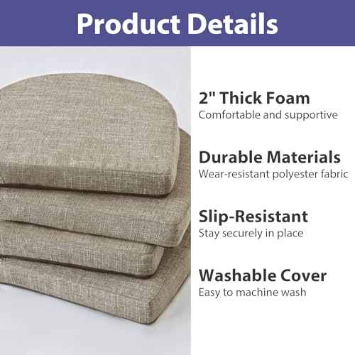 IPYNBAP Chair Cushions for Dining Chairs, Kitchen Chair Cushions, 16'' x 16'' x 2'', Non Slip Indoor Seat Cushions, Chair Pads for Dining Chairs with Ties & Removable Cover, Set of 4, Khaki - color: Khaki, size: 4 Count(Pack of 1)