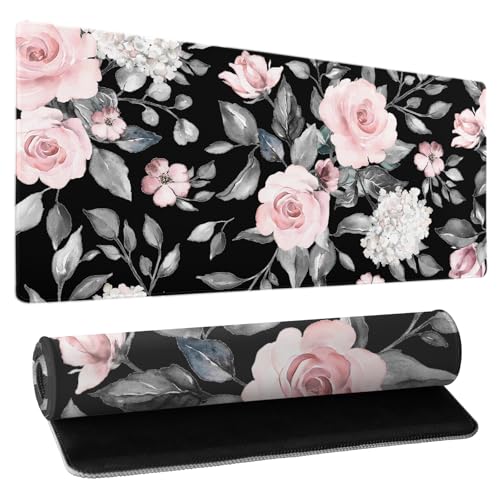 Floral Extended Gaming Mouse Pad Non-Slip Rubber Base Black Large Mousepad 31.5x11.8in with Stitched Edge Waterproof Flowers Pads Computer Black Desk Laptop Mats for Work/Game/Office/Home - color: Flower, size: 31.5x11.8 Inch