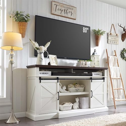 Farmhouse TV Stand for 80 Inch TVs, 37.4"Tall Entertainment Center w/Storage Cabinets and Sliding Barn Door, Media Console Cabinet w/Soundbar & Adjustable Shelves for Living Room, 70 inch (White) - color: White