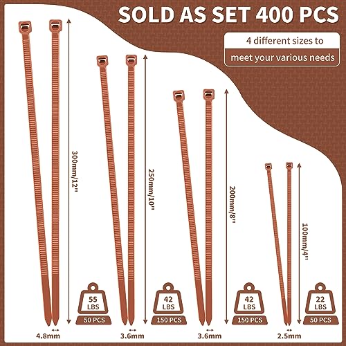 200pcs Brown Zip Ties, 12+10+8+4 Inch Heavy Duty Cable Ties with 55-22lb Strength, PA66 Self-Locking Nylon Wire Ties for Christmas Farming Fence Garden Trellis, UV Resistant - color: Dark Brown, size: 4+8+10+12 inch (200 pcs)
