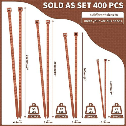200pcs Brown Zip Ties, 12+10+8+4 Inch Heavy Duty Cable Ties with 55-22lb Strength, PA66 Self-Locking Nylon Wire Ties for Christmas Farming Fence Garden Trellis, UV Resistant - color: Dark Brown, size: 4+8+10+12 inch (200 pcs)