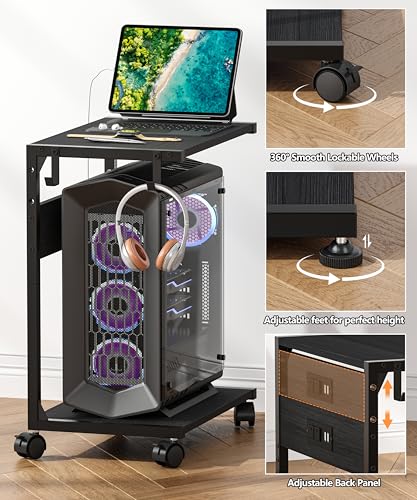 Akxomel 2 Tier Computer Tower Stand with Charging Station, 11.8" D x 16.5" W Rolling Floor PC Tower Stand Fits Under Desk, CPU Holder Cart for Carpet with Hooks, Home Office - color: Black