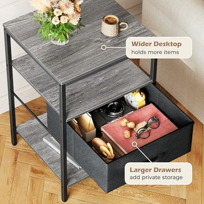 SUPERJARE Night Stand with Charger Station, 27.7 Inch Tall Nightstand with Adjustable Fabric Drawer, Bed Side Table, Fabric Drawer Dresser for Bedroom, Living Room, Charcoal Gray and Black - color: Charcoal Gray and Black, size: L (15.7"D x 17.7"W x 27.7"