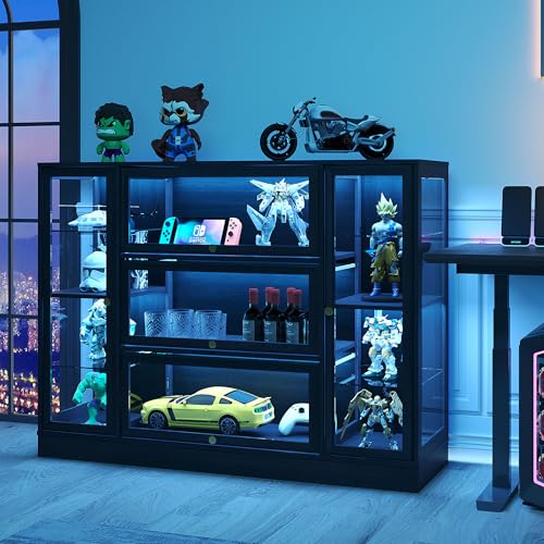 Display Cabinet with Acrylic Glass Doors,Extra Wide Curio Cabinet with LED Lighting for Collectibles, Collectibles Toy Organizers Rack & Display Shelf Display Case, Black - color: Black, size: 56" W x 42" H