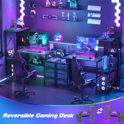 Small Gaming Desk with 2 Fabric Drawers - Reversible Computer Desk with Power Outlet & LED Lights, 49" Office Desk with Monitor Stand & Storage Shelves, Writing Study Table with Pegboard, Grey Oak - color: Grey Oak