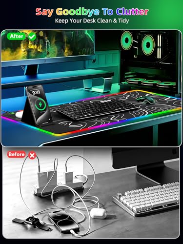 Mouse Pad with Foldable Phone Holder & Wireless Charger, XXL RGB Gaming Mousepad 31.5"x15.8" Large Desk Mat for Keyboard, 11 Colors 5 Modes - color: Topographic-Phone Holder-31.5"x15.8"
