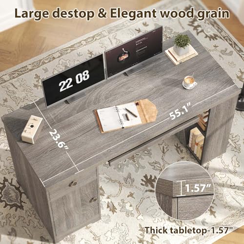HSH 55" Office Computer Desk with Drawers, Farmhouse Grey Executive Desk with Storage Shelves and Cabinet, Modern Wooden Computer Table Teacher Desks with Keyboard Tray for Home Writing Work Study - color: Light Grey Oak