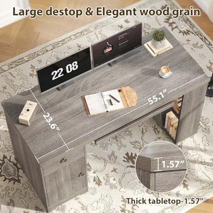 HSH 55" Office Computer Desk with Drawers, Farmhouse Grey Executive Desk with Storage Shelves and Cabinet, Modern Wooden Computer Table Teacher Desks with Keyboard Tray for Home Writing Work Study - color: Light Grey Oak