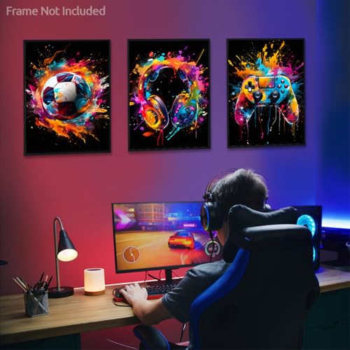 Dazzlewall 3Pcs Graffiti Boys Room Wall Art, Colourful Football Headphone Gamepad Pictures for Bedroom Teens Playroom Boy Dorm Home Decor 12x16 in Unframed - color: Color Splash Gaming, size: 12x16 in