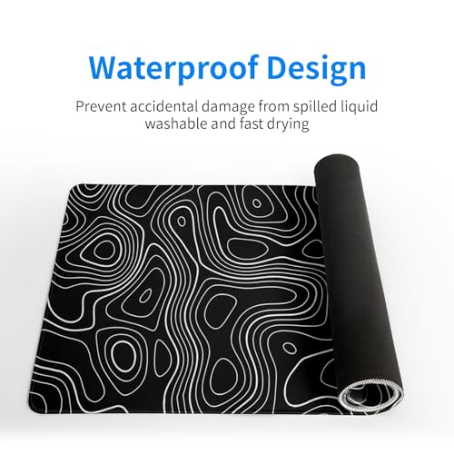 Topographic Contour Gaming Mouse Pad Black Large Mouse Pad for Keyboard and Mousepad Desk Mat with 3mm Non-Slip Base and Stitched Edge for Gaming and Office Computer Mat Protector Mat 27.6x11.8 Inch - color: Black Topographic Contour 2