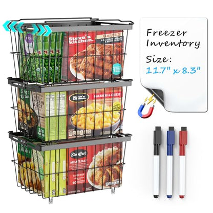 iSPECLE Freezer Organizer Bins - 3 Pack with Freezer Inventory List Board, Adjustable Width for 5 to 7 Cu.Ft Chest Freezers, Stackable Deep Freezer Bins, Assembly Required, Black - style: 3 Bins with Magnet Whiteboard