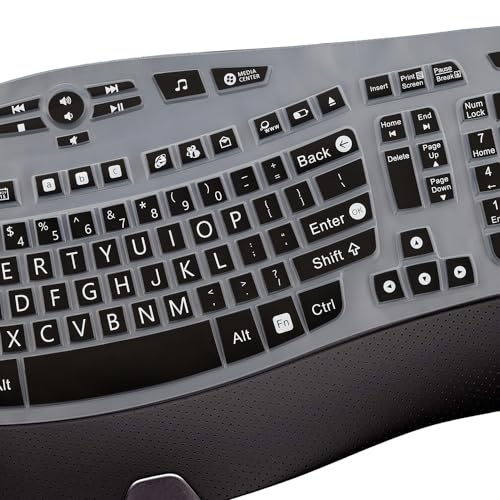MUBUY-GOL Large Print Keyboard Cover for Logitech K350 Wireless Wave Keyboard, MK570, MK550; Black Silicone; Water Resistant, Dust Proof, Washable - color: black color