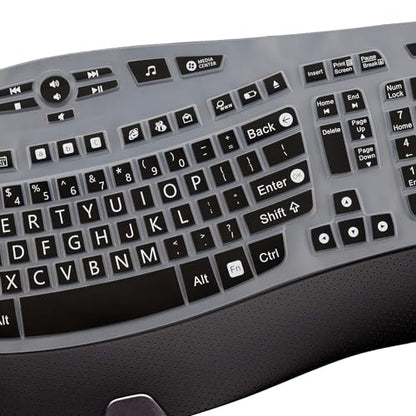 MUBUY-GOL Large Print Keyboard Cover for Logitech K350 Wireless Wave Keyboard, MK570, MK550; Black Silicone; Water Resistant, Dust Proof, Washable - color: black color