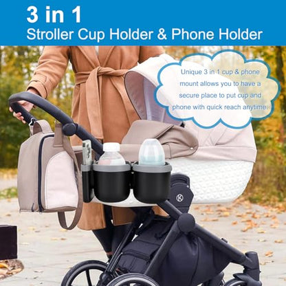 Accmor Stroller Cup Holder with Phone Holder, Bike Cup Holder, Universal Cup Holder for Uppababy Nuna Doona Strollers, 2-in-1 Cup Holder for Walker, Wheelchair, Scooter - color: Double Holder-Grey
