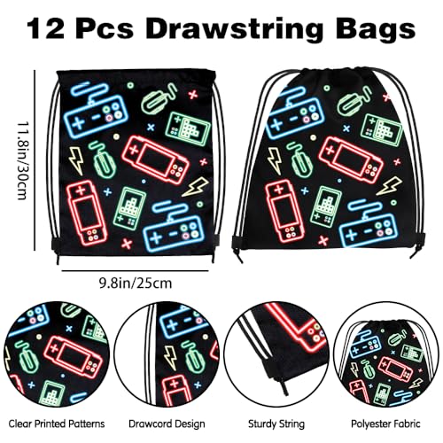 12 Pcs Game Party Supplies Favors Gift Bags Drawstring Backpack for Storage Candy Snacks Treat Goodie Bag for Game Theme Birthday Party School Travel Storage Bag(9.8x11.8Inch)
