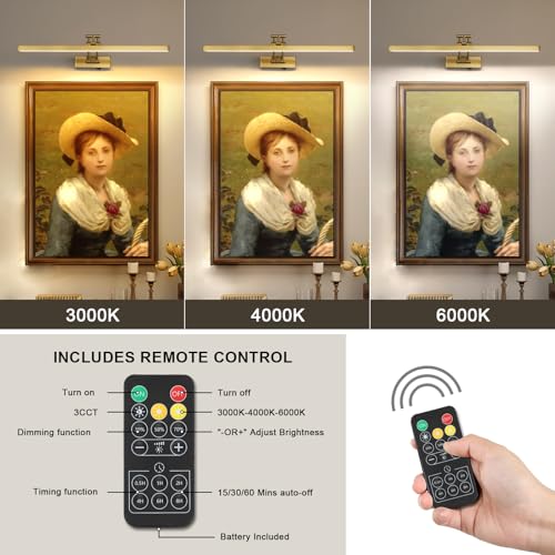 5W LED Wireless Picture Lights with Remote and Timer 23.6'' Inch Rechargeable Brass Gallery Lighting Battery Operated Art Lights Over Frame Portrait - color: Battery Operated Brass, size: 23.6 inch