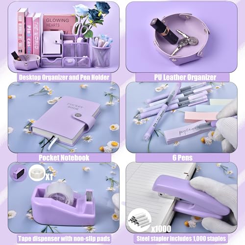 Purple Desk Accessories, 26Pcs Office Supplies and Desk Organizers, with Tape Dispenser, Stapler, Staple Remover Ect, Gift Box Packaging - color: Purple
