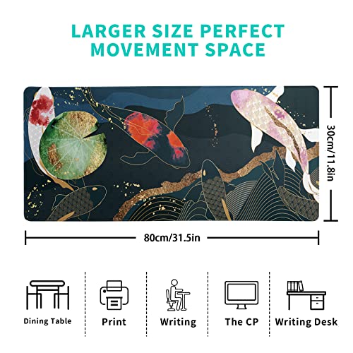 Japanese Gaming Mouse Pad XL - Extended Large Mouse Mat Desk Pad, Stitched Edges Mousepad, 3mm Thick Long Non-Slip Rubber Base Mice Pad, 31.5 X 11.8 Inch - Koi Fish Art - color: Koi Fish