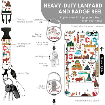 Canada Lanyards for ID Badge, Lanyard ID Card Holder with Retractable Reel Clip and Keychain, Vertical Heavy Duty Identity Badge Cover Case Protector for Teacher Nurse Women Men - color: Canada-white