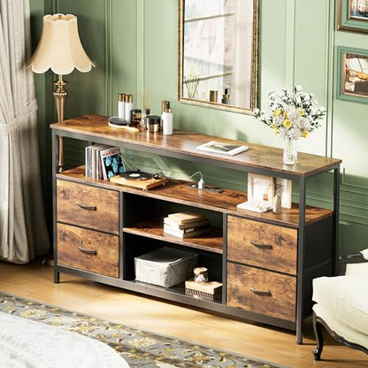 Huuger TV Stand Dresser with Power Outlets and LED Lights, 4 Drawers Entertainment Center with Shelves, 54 Inch Media Console for 55 60 Inch TV, 4 AC Outlets, 2 USBs, Rustic Brown - color: Rustic Brown, size: 54 Inches