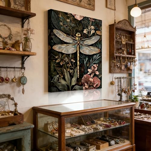 Canvas Wall Art Framed Dragonfly Botanical Floral Leaf Plant Nature Vintage Rustic Farmhouse Eclectic Moody Textured Dark Academia Elegant Unique Wall Decor for Living Room Office Decor 16x24 Inches - color: dragonfly, size: 24"L x 16"W
