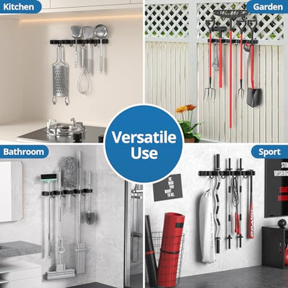 2 Pack Mop and Broom Holder Wall Mount, 5 Racks and 4 Hooks Broom Organizer Storage Garage Tool Racks Wall Mounted Mop Hanger for Home Kitchen Garden Laundry (Black)