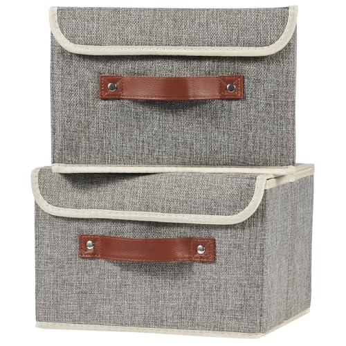 2PCS Storage Boxes with Lid Cotton Linen Fabric Storage Bins Organizer Container Decorative Collapsible Washable Shelf Closet Baskets Faux Leather Handles Home Bedroom (Gray, Small Size) - color: Gray, size: Small (Set of 2)
