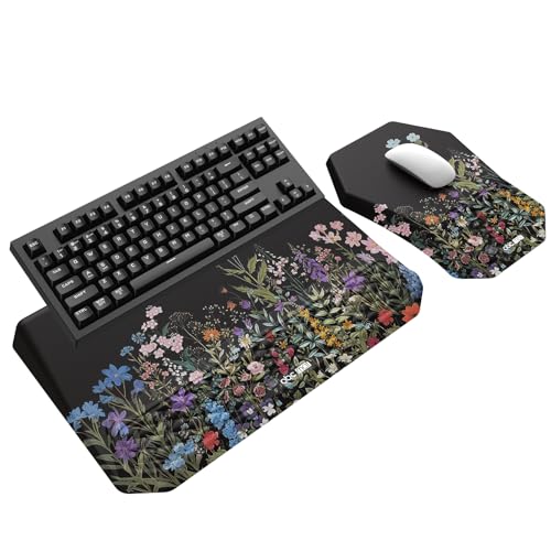 3-in-1 Ergonomic Keyboard Stand with Wrist Rest & Mouse Pad Set, Comfy Keyboard Riser Holder Soft Mousepad with Massage Design, Memory Foam and Non-Slip PU Base for Pain Relief, Flower - color: Black Flower