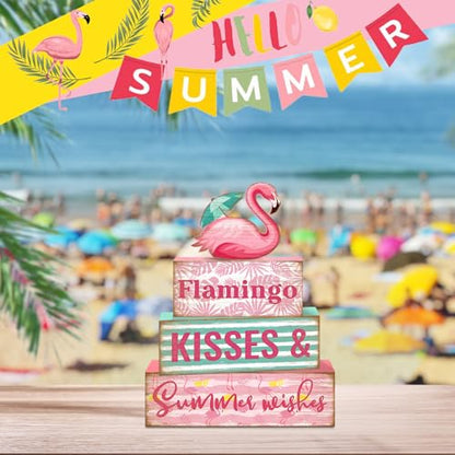 Britimes 4 Pcs Summer Wooden Tiered Tray Decorations Set, Pink Flamingo Stack Block Signs Summer Parasol Farmhouse Rustic Table Decor for Home kitchen Office Decorations (Flamingo Style) - style: Flamingo
