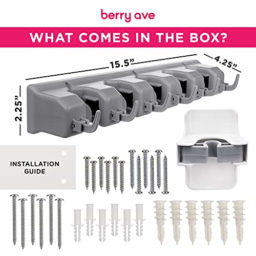 Combo 5 Slot Broom Holder w/ 1 Self Adhesive Mop Gripper No-Drilling, Wall Mount Tool Organizers For Kitchen, Garage, Laundry Room- Anti-Slip Hanger For Brooms, Mops, Rakes, Dustpans (Grey / White) - color: Grey, size: 1 Pack w/ Small Broom Holder