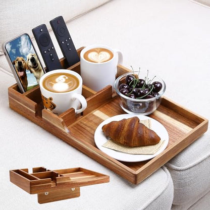 Nnewvante Couch Tray Insert with Cup Holder,2-in-1 Insert & Flat Sofa Organizer Acacia Wood with 2 Cup Holders,Fits Middle Couch or Ottomans,for Snacks, Drinks, Remotes,15.35x9.84-inch - color: Acacia Wood
