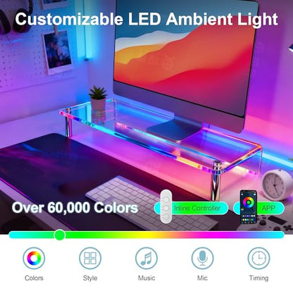 0.39" Extra Thick Acrylic Monitor Stand Riser, Clear | 23.6” x 9.1" x 3.5" Acrylic Desk Shelf with RGB Lighting & Dual Control-App & Button Control,for Office Desktop Organizer