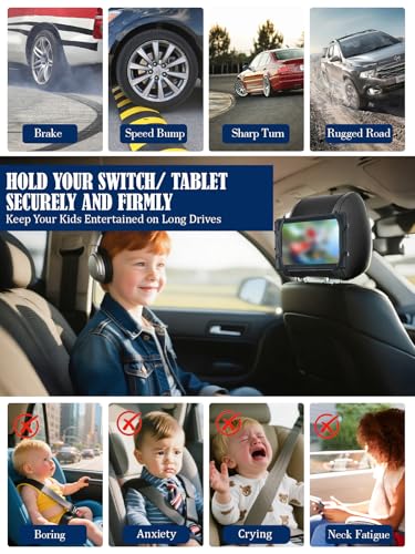 Car Headrest Mount Holder for Nintendo Switch 2& 1, Rotatable Silicone Net Holder Compatible with Mini Tablets(7''–10.5''), Secure Travel Gaming Stand for Car or Airplane Use